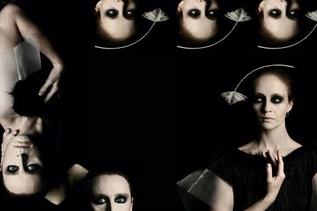 Photomontage of a white faces with dark smeared eyes against black background, and stylised leaves