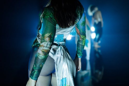A woman's body seen from the back, with tight printed blue-green top, and a silky light blue tie over sheer underwear