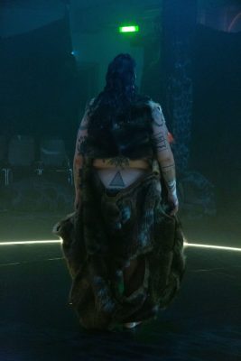 Back towards us, a somewhat tribal looking figure with long matter hair and a fur wrap draped from the wait, showing rune-like tattoos along the arms and the mid-back